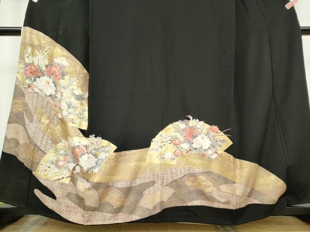 平和屋着物■豪華黒留袖　地紙飛鶴花文　金彩　正絹　逸品　CAAZ1391ou