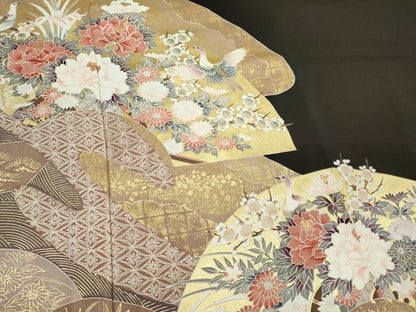 平和屋着物■豪華黒留袖　地紙飛鶴花文　金彩　正絹　逸品　CAAZ1391ou