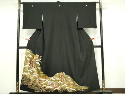 平和屋着物■豪華黒留袖 駒刺繍 流水御所車松文 金彩 正絹 逸品 CAAZ1397ou