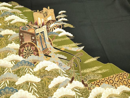 平和屋着物■豪華黒留袖 駒刺繍 流水御所車松文 金彩 正絹 逸品 CAAZ1397ou