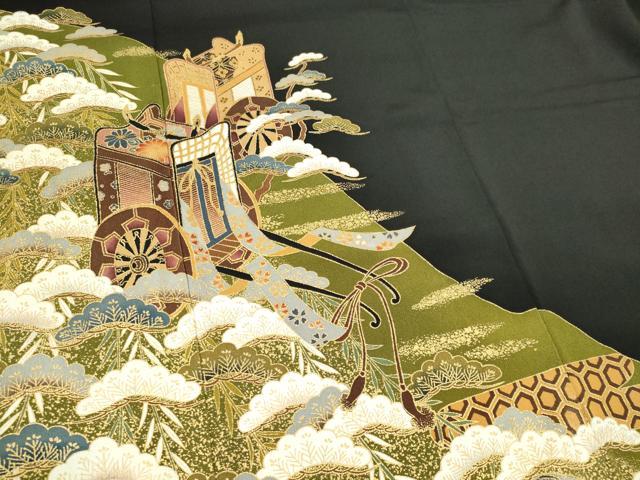 平和屋着物■豪華黒留袖 駒刺繍 流水御所車松文 金彩 正絹 逸品 CAAZ1397ou