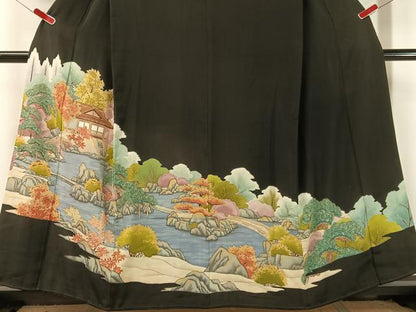 平和屋着物■豪華黒留袖　刺繍　手描き　風景文　金彩　正絹　逸品　CAAZ2268vp