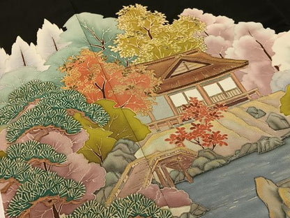 平和屋着物■豪華黒留袖　刺繍　手描き　風景文　金彩　正絹　逸品　CAAZ2268vp