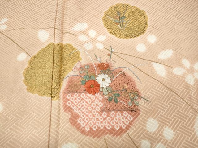 平和屋着物●訪問着　絞り　刺繍　雪輪草花文　金彩　正絹　逸品　CAAZ2446ut