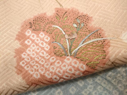 平和屋着物●訪問着　絞り　刺繍　雪輪草花文　金彩　正絹　逸品　CAAZ2446ut