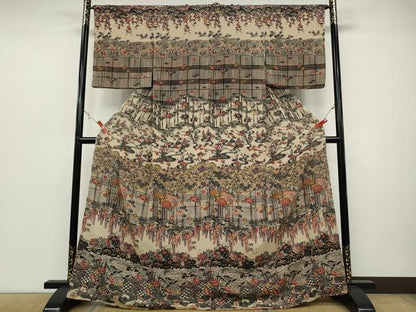 平和屋着物●訪問着 染色作家 桐村博 手ざし紅型 流水草花文 鬼しぼ縮緬 正絹 逸品 未使用 CAAZ2457ut
