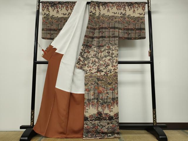 平和屋着物●訪問着 染色作家 桐村博 手ざし紅型 流水草花文 鬼しぼ縮緬 正絹 逸品 未使用 CAAZ2457ut