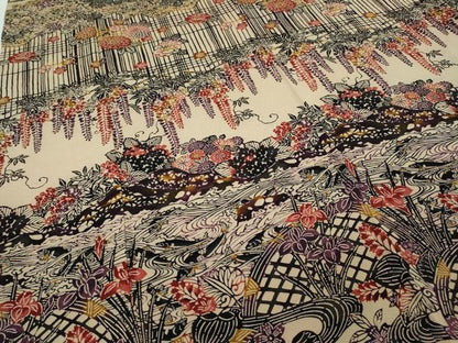 平和屋着物●訪問着 染色作家 桐村博 手ざし紅型 流水草花文 鬼しぼ縮緬 正絹 逸品 未使用 CAAZ2457ut