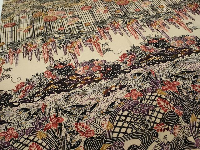 平和屋着物●訪問着 染色作家 桐村博 手ざし紅型 流水草花文 鬼しぼ縮緬 正絹 逸品 未使用 CAAZ2457ut