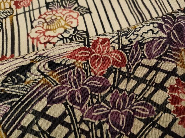 平和屋着物●訪問着 染色作家 桐村博 手ざし紅型 流水草花文 鬼しぼ縮緬 正絹 逸品 未使用 CAAZ2457ut