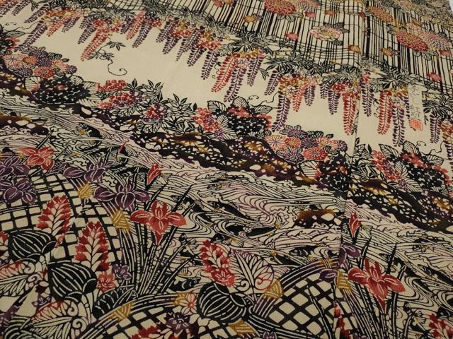 平和屋着物●訪問着 染色作家 桐村博 手ざし紅型 流水草花文 鬼しぼ縮緬 正絹 逸品 未使用 CAAZ2457ut