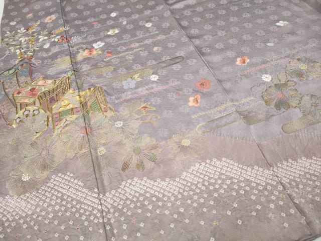 平和屋着物●訪問着 駒刺繍 絞り 御所車花文 金糸 正絹 逸品 CAAZ2502ut