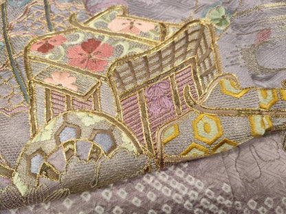 平和屋着物●訪問着 駒刺繍 絞り 御所車花文 金糸 正絹 逸品 CAAZ2502ut
