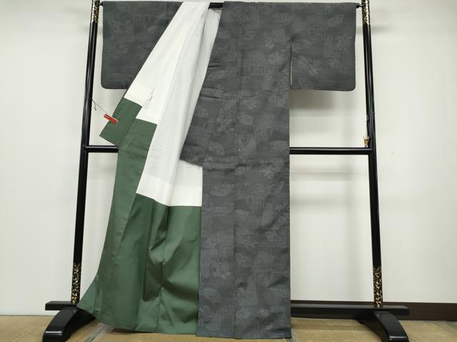 平和屋着物●結城紬　80亀甲　色紙重ね草花文　正絹　逸品　CAAZ2527ut
