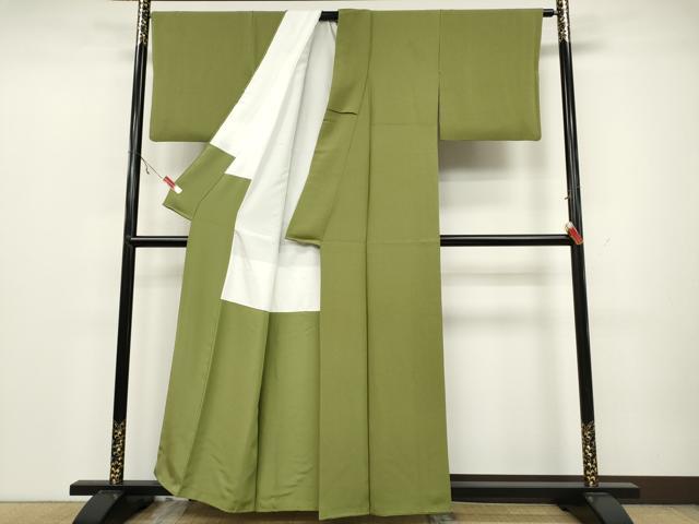 平和屋着物●上質な色無地　霞地紋　鶯色　正絹　逸品　CAAZ2602ut