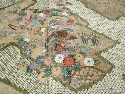 平和屋着物●訪問着　絞り　流水風景草花文　金彩　正絹　逸品　CAAZ2627ut