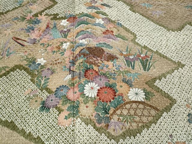 平和屋着物●訪問着　絞り　流水風景草花文　金彩　正絹　逸品　CAAZ2627ut