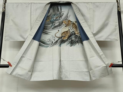 平和屋着物●男性　紬　アンサンブル　100亀甲　総詰　羽裏:龍　虎　正絹　逸品　CAAZ2733ut