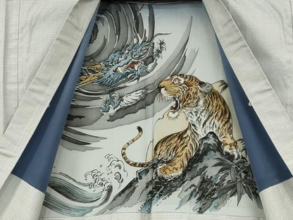 平和屋着物●男性　紬　アンサンブル　100亀甲　総詰　羽裏:龍　虎　正絹　逸品　CAAZ2733ut