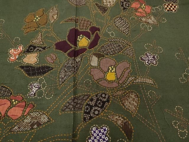 平和屋着物●訪問着 紬地 刺し子 切嵌 枝花文 正絹 逸品 CAAZ2767ut