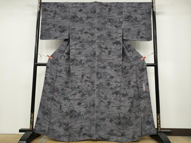 平和屋着物●人間国宝・南部芳松の息子 伝統工芸伝承者彫刻・南部幸雄 型染 小紋 風景文 鬼しぼ縮緬 正絹 逸品 CAAZ2799ut