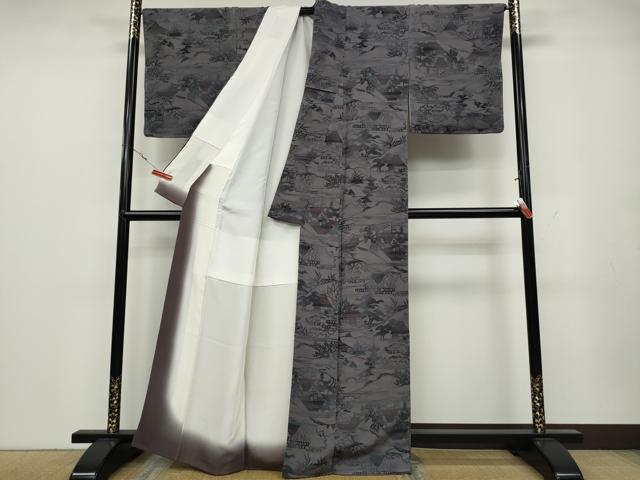 平和屋着物●人間国宝・南部芳松の息子 伝統工芸伝承者彫刻・南部幸雄 型染 小紋 風景文 鬼しぼ縮緬 正絹 逸品 CAAZ2799ut