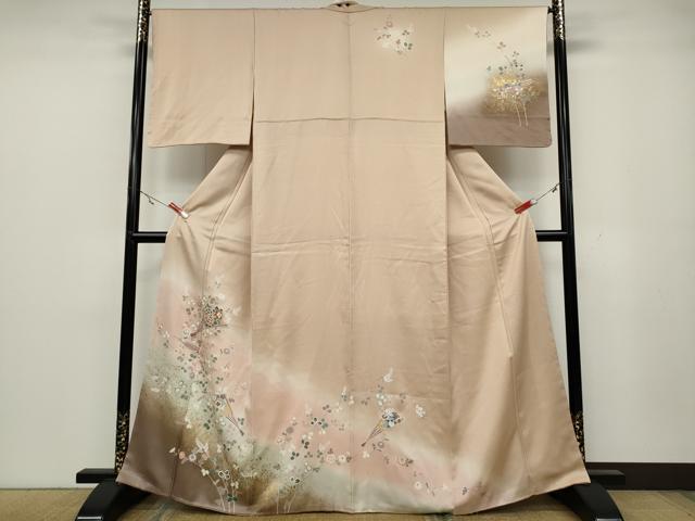 平和屋着物●訪問着 駒刺繍 扇草花文 暈し染め 金銀彩 正絹 逸品 CAAZ2800ut