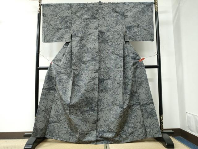平和屋着物●上質な紬 流水草花文 正絹 逸品 CAAZ2807yc