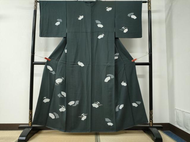 平和屋着物●訪問着　絞り　刺繍　地紙霞飛鶴文　黒地　金彩　正絹　逸品　CAAZ2837yc