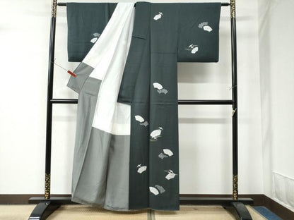 平和屋着物●訪問着　絞り　刺繍　地紙霞飛鶴文　黒地　金彩　正絹　逸品　CAAZ2837yc