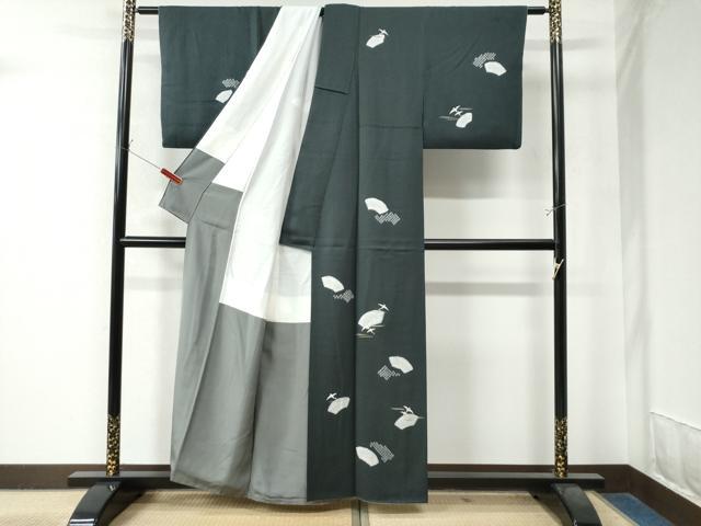 平和屋着物●訪問着　絞り　刺繍　地紙霞飛鶴文　黒地　金彩　正絹　逸品　CAAZ2837yc