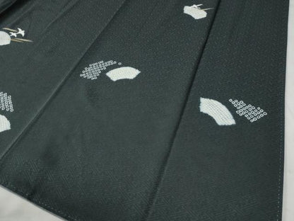 平和屋着物●訪問着　絞り　刺繍　地紙霞飛鶴文　黒地　金彩　正絹　逸品　CAAZ2837yc