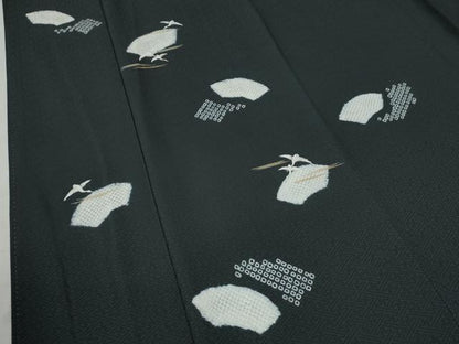 平和屋着物●訪問着　絞り　刺繍　地紙霞飛鶴文　黒地　金彩　正絹　逸品　CAAZ2837yc