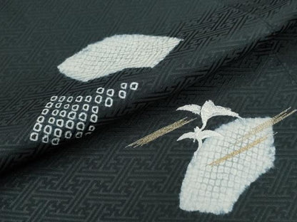 平和屋着物●訪問着　絞り　刺繍　地紙霞飛鶴文　黒地　金彩　正絹　逸品　CAAZ2837yc