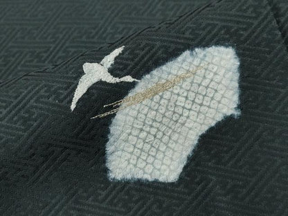 平和屋着物●訪問着　絞り　刺繍　地紙霞飛鶴文　黒地　金彩　正絹　逸品　CAAZ2837yc