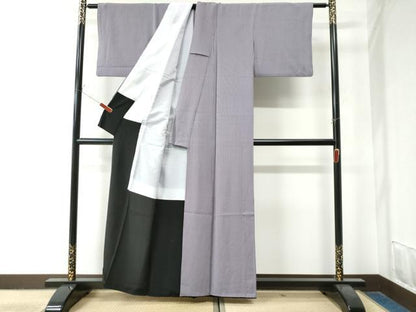 平和屋着物●江戸小紋 万筋 薄梅鼠色×似せ紫色 正絹 逸品 CAAZ2901yc