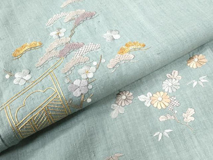 平和屋着物●訪問着　本場結城紬地　総刺繍　駒刺繍　松竹梅花文　金彩　正絹　逸品　未使用　CAAZ2933yc