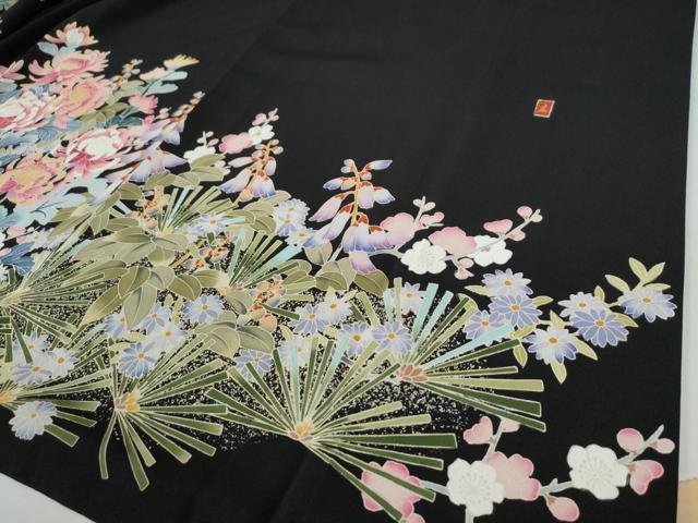 平和屋着物●豪華黒留袖 友禅 作家物 牡丹松葉花文 正絹 逸品 CAAZ2942yc