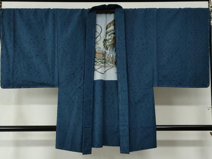 平和屋着物●男性 紬 髭紬羽織セット 色無地 青藍色 キングサイズ 正絹 逸品 未使用 CAAZ2971yc