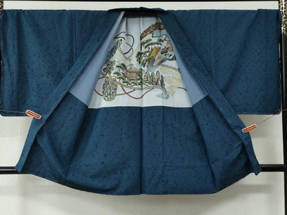 平和屋着物●男性 紬 髭紬羽織セット 色無地 青藍色 キングサイズ 正絹 逸品 未使用 CAAZ2971yc