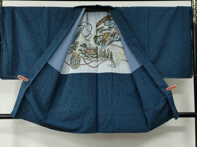 平和屋着物●男性 紬 髭紬羽織セット 色無地 青藍色 キングサイズ 正絹 逸品 未使用 CAAZ2971yc