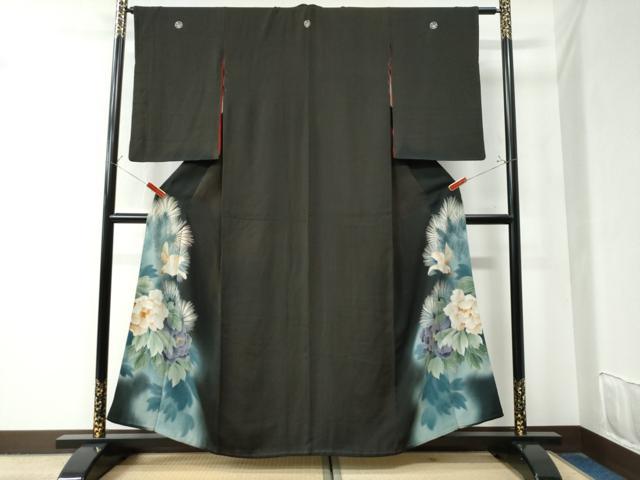 平和屋着物○アンティーク 大正ロマン 黒留袖 刺繍 牡丹 鳥 松葉 暈し染め
