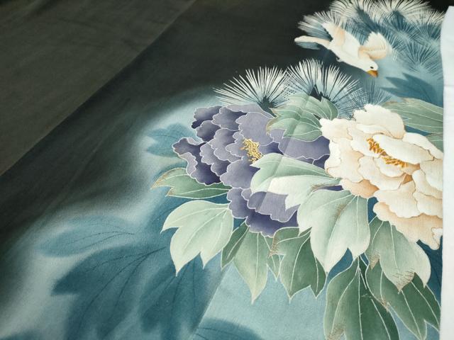 平和屋着物●アンティーク　大正ロマン　黒留袖　刺繍　孔雀花文　金彩　正絹　逸品　CABD8930gh 平和屋着物○アンティーク 大正ロマン 黒留袖 刺繍 宝船 暈し染め 金