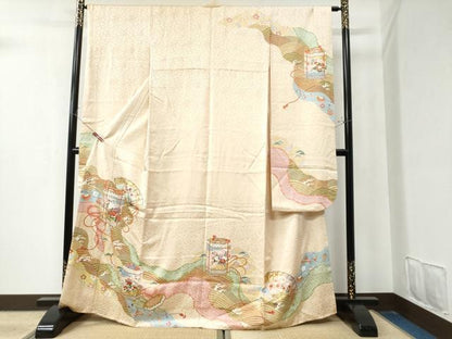 平和屋着物●豪華振袖 作家物 手描友禅 檜扇貝桶浜松吉祥花文 金彩 正絹 逸品 CAAZ3002yc