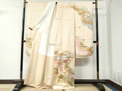 平和屋着物●豪華振袖 作家物 手描友禅 檜扇貝桶浜松吉祥花文 金彩 正絹 逸品 CAAZ3002yc