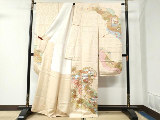 平和屋着物●豪華振袖 作家物 手描友禅 檜扇貝桶浜松吉祥花文 金彩 正絹 逸品 CAAZ3002yc