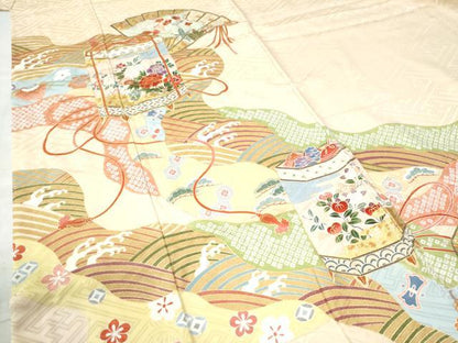 平和屋着物●豪華振袖 作家物 手描友禅 檜扇貝桶浜松吉祥花文 金彩 正絹 逸品 CAAZ3002yc