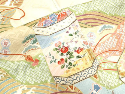 平和屋着物●豪華振袖 作家物 手描友禅 檜扇貝桶浜松吉祥花文 金彩 正絹 逸品 CAAZ3002yc