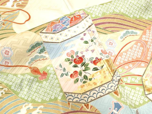 平和屋着物●豪華振袖 作家物 手描友禅 檜扇貝桶浜松吉祥花文 金彩 正絹 逸品 CAAZ3002yc
