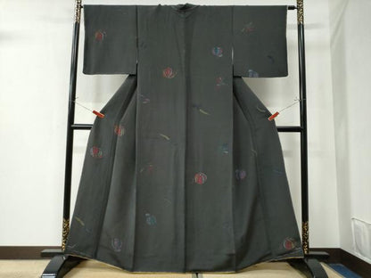 平和屋着物●上質な小紋 型染め 成り物 黒地 鬼しぼ縮緬 正絹 逸品 CAAZ3012yc